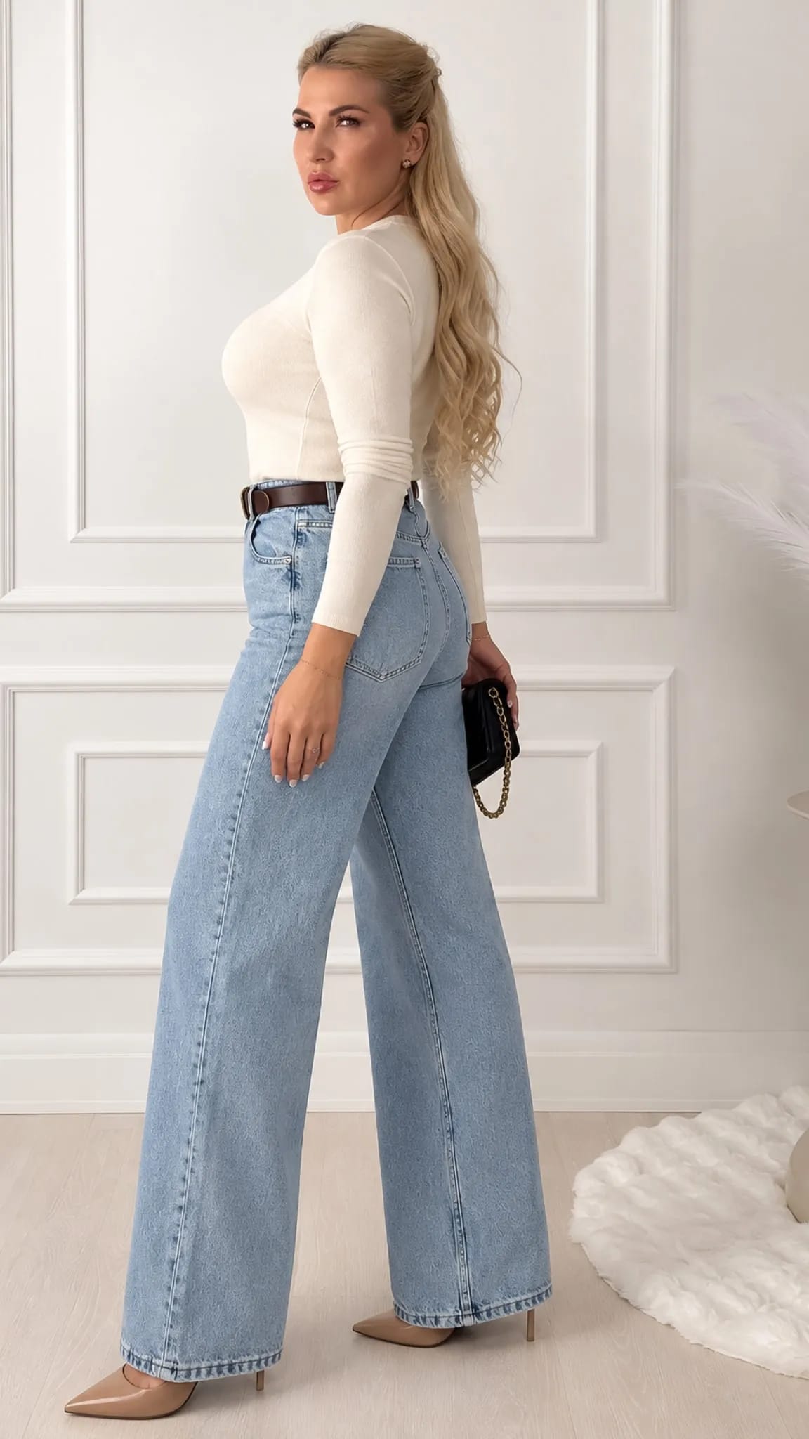 Zilas džinsu wide leg high waist palazzo bikses sievietēm