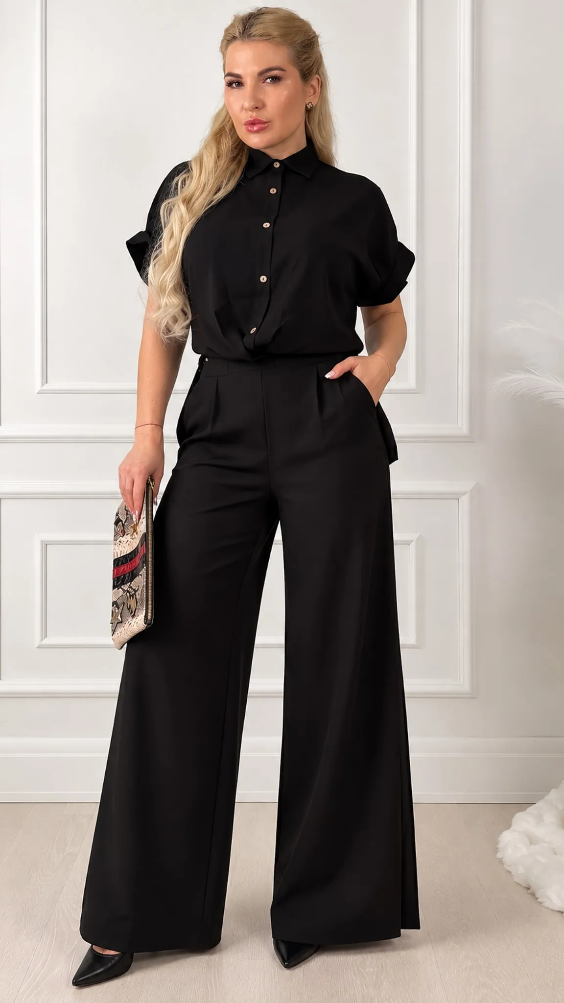 Melns elegants komplekts ar flared maxi topu un biksēm